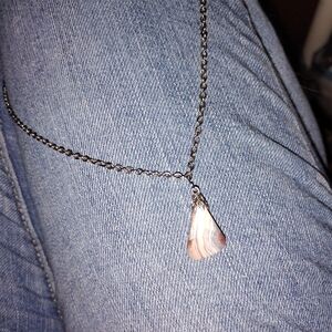 Delicate Pink and Cream Agate Teardrop Necklace on Silver Toned Chain